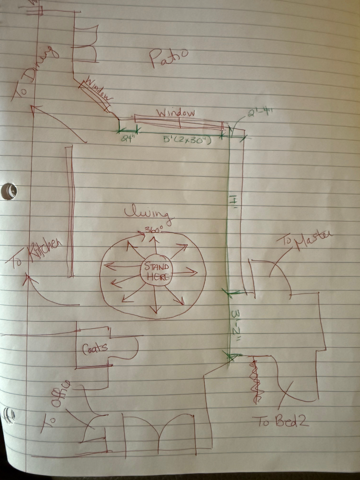 Living Room Site Sketch with Segmented Dimensions Beginning To Be Added in Green Ink.