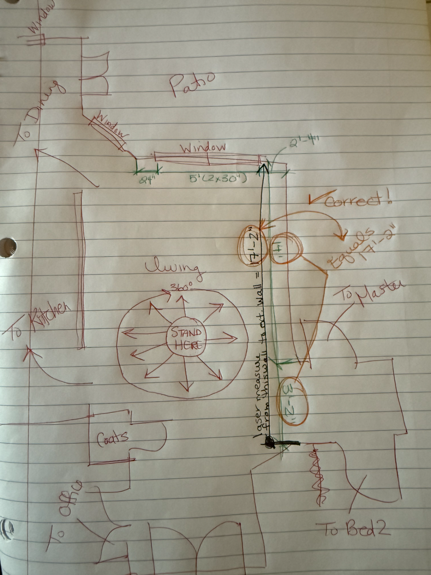 Site Measure Sketch of a Living Room Layout Displaying an Overall Room Measurement in Black Ink That is Verified Against Segmented Measurements in Orange Ink.