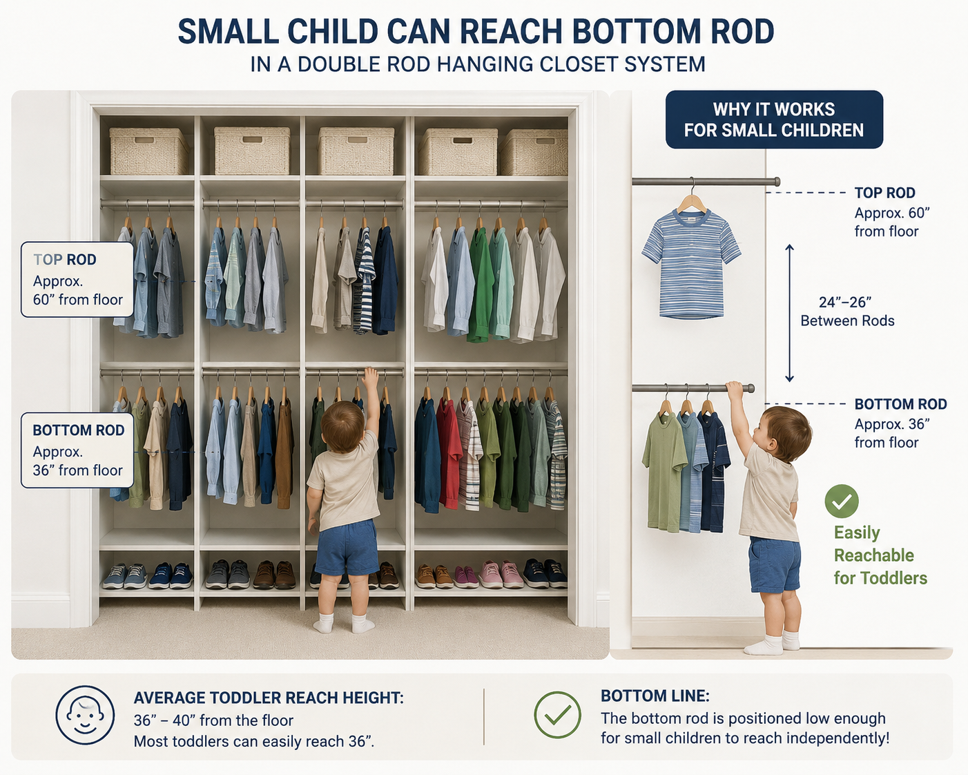 Double Rod Hanging Encourages Independence In Toddlers By Providing Access to Items Hung on the Lower Rod - While Also Providing The Upper Hanging Rod To Help Parents Keep Other Items Out of Reach Where Necessary