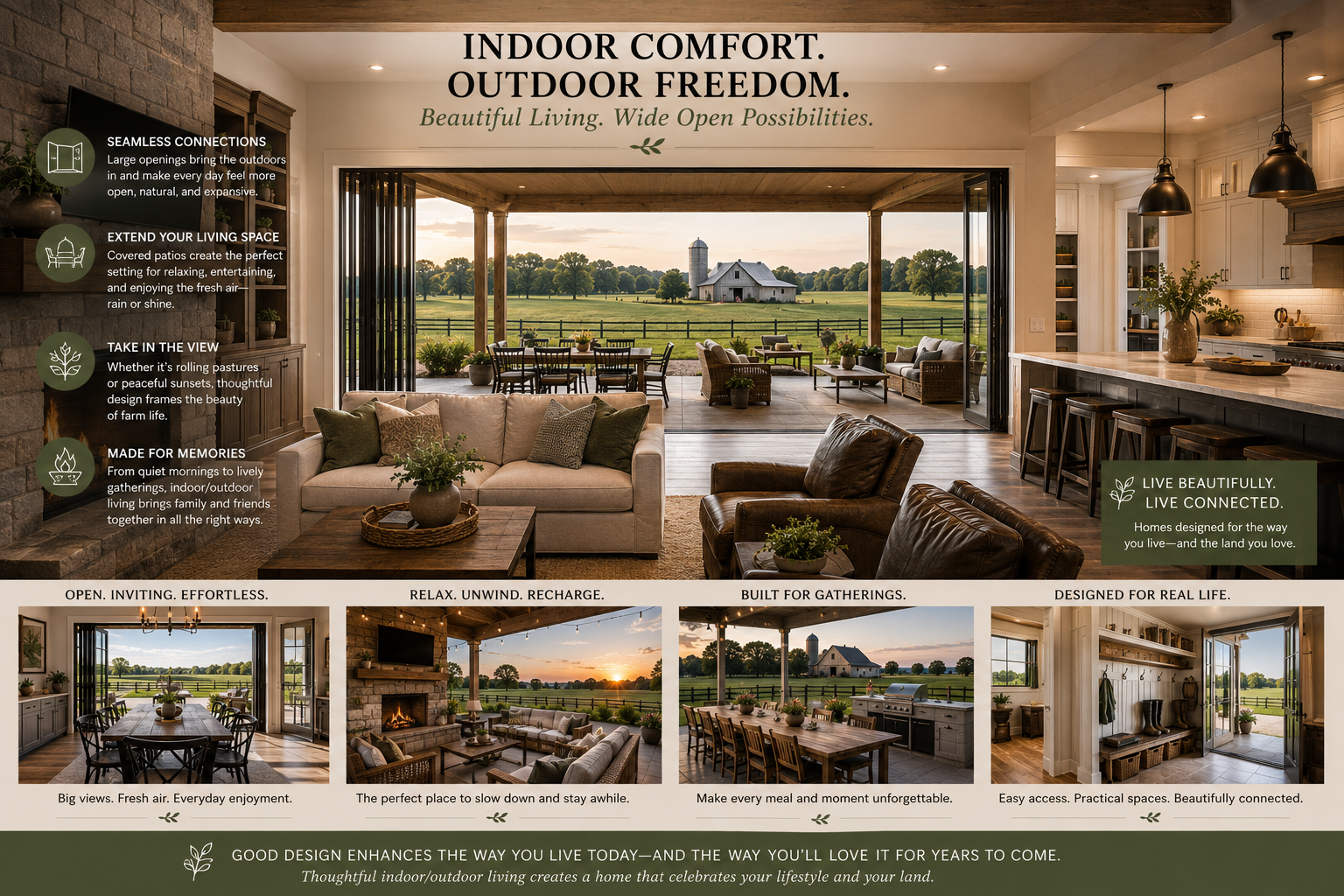 Celebrate The Ability For Indoor / Outdoor Living Relationships With Farmhouse Plans