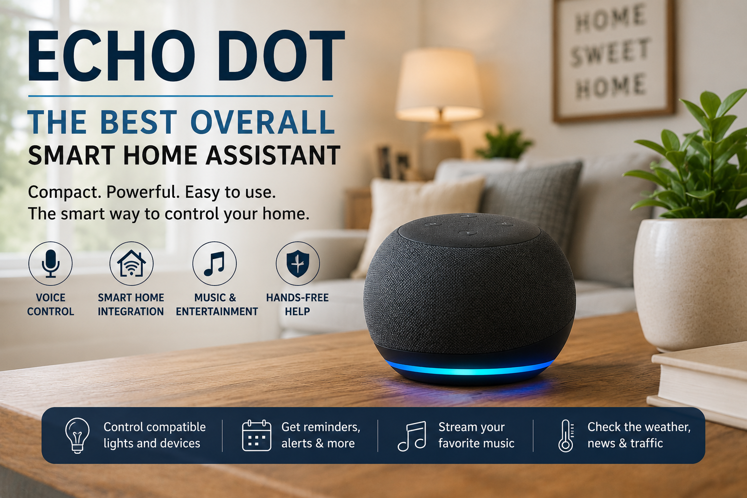 Smart speaker (amazon echo dot) on wooden table in living room, with promotional text and icons for home assistant features.