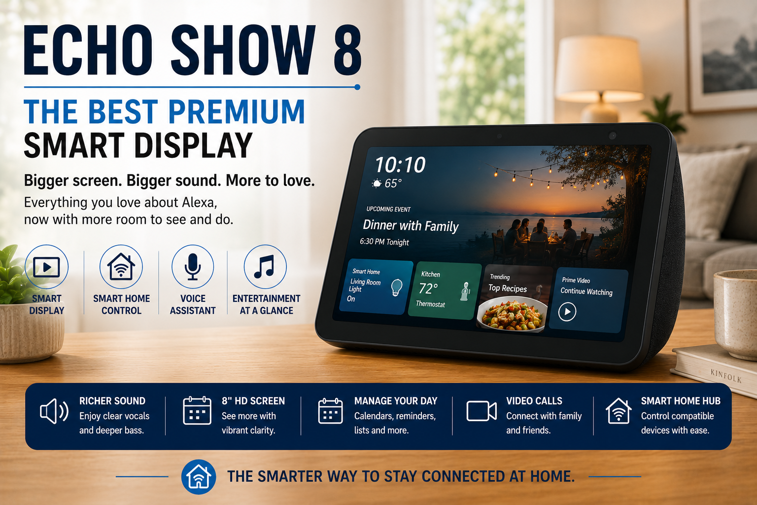 Smart display (Amazon Echo Show 8) on wooden table with text “Echo Show 8” and home features shown on screen.
