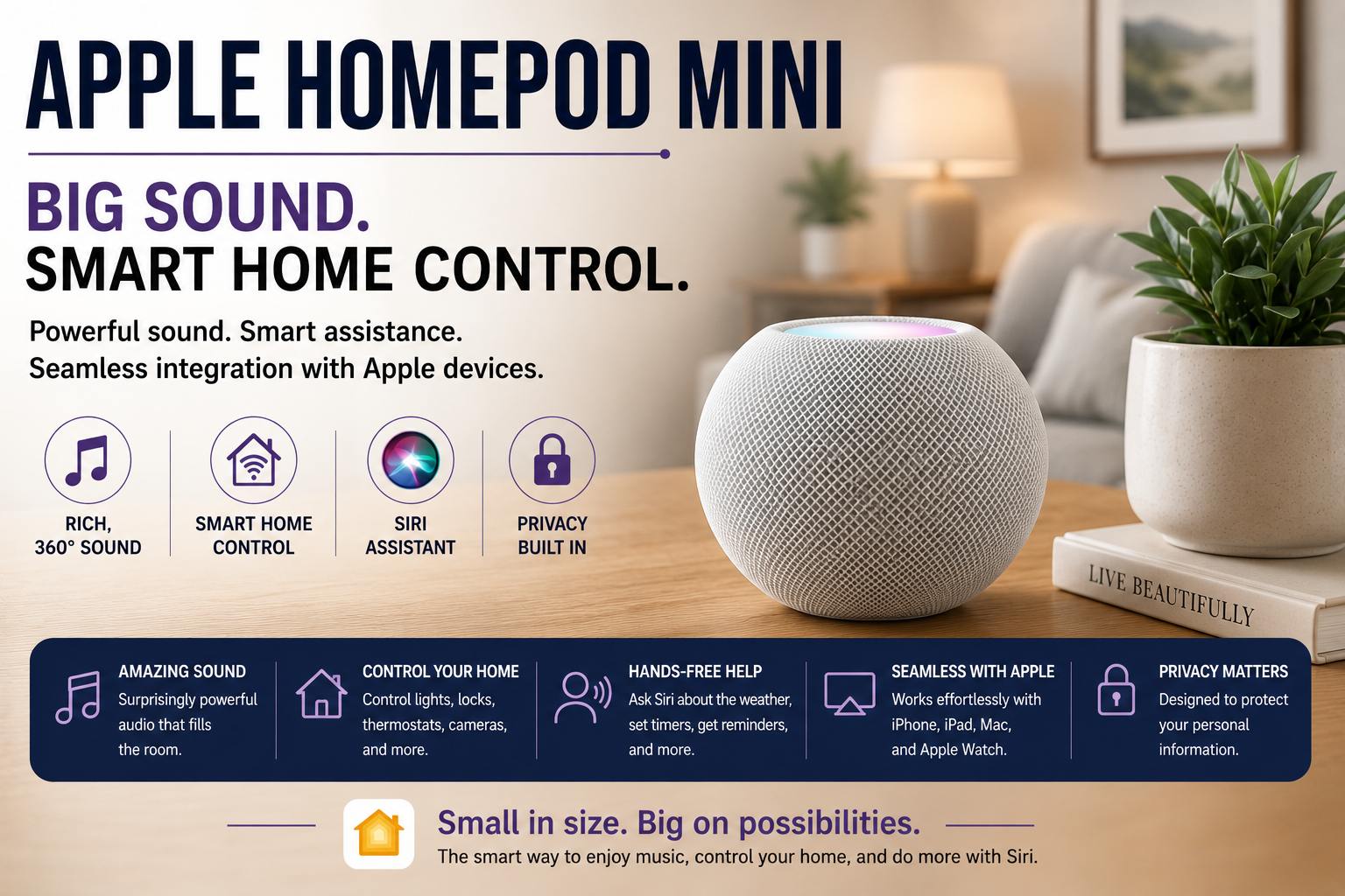 White smart speaker (Apple HomePod Mini) on wooden table in living room, with Apple HomePod Mini promotional text.