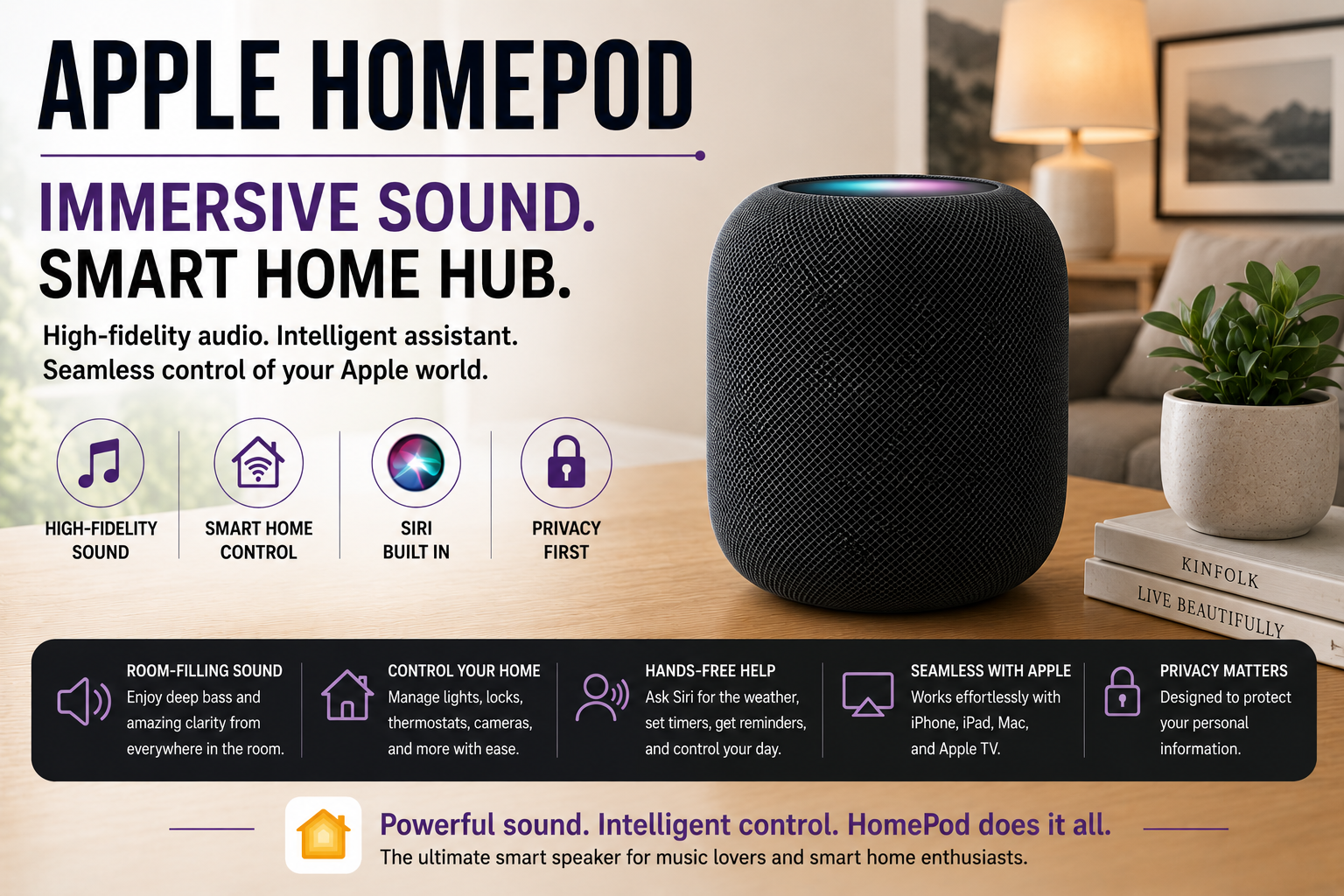 Black Apple HomePod smart speaker on wooden table beside plant, with promotional text and icons.