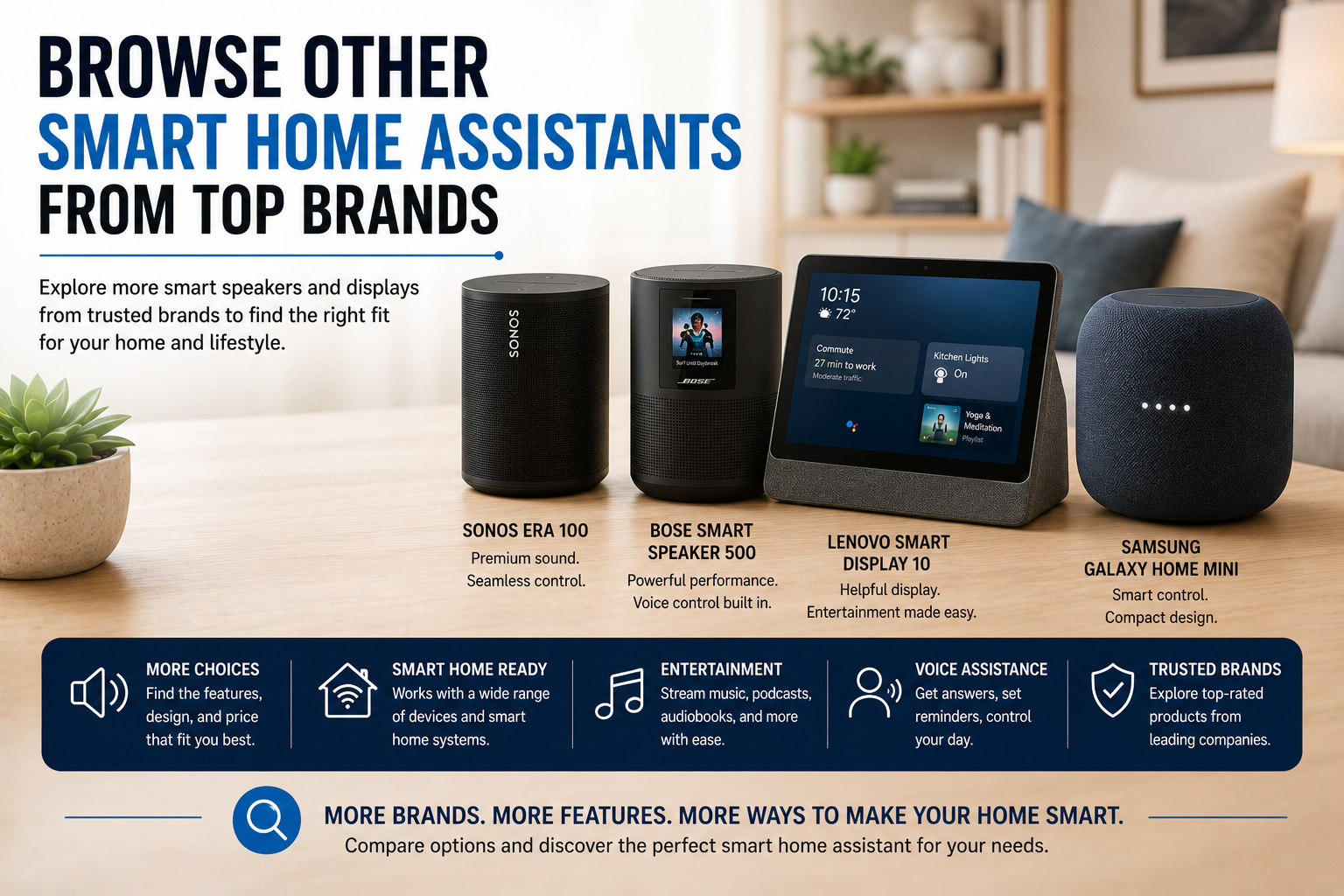 Smart home assistant brands Sonos, Bose, Lenovo, Samsung advertisement with speakers and smart display on a living room table.