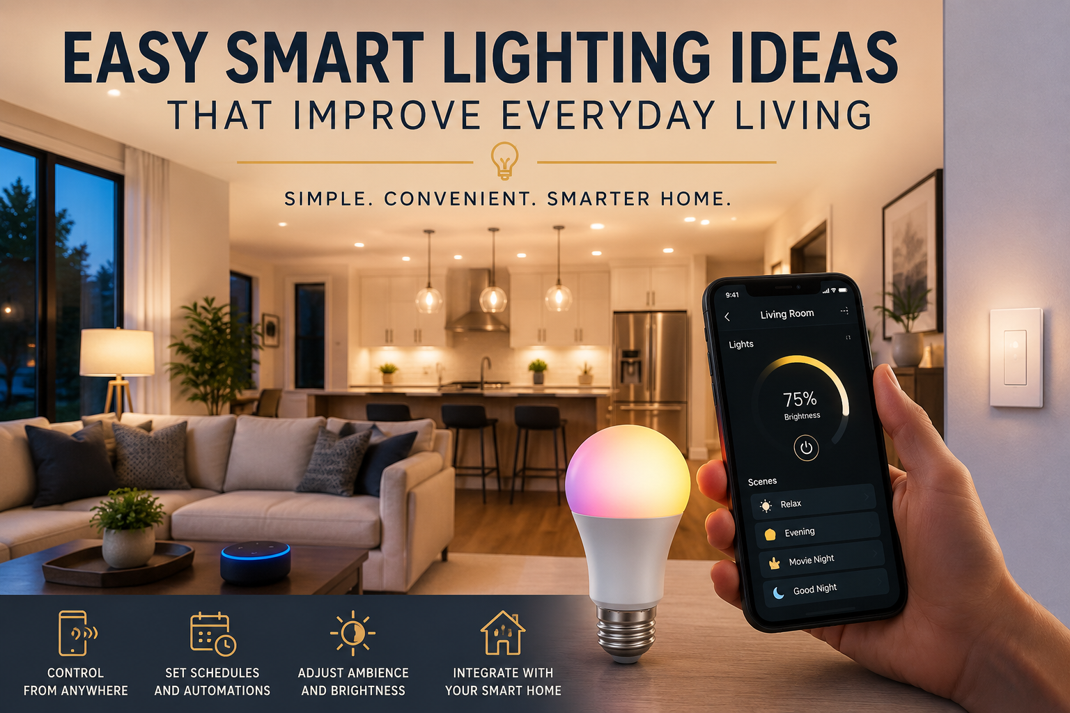 Hand holds smartphone controlling smart light bulb brightness in modern living room with warm lighting and kitchen background - smart lighting for homeowners.