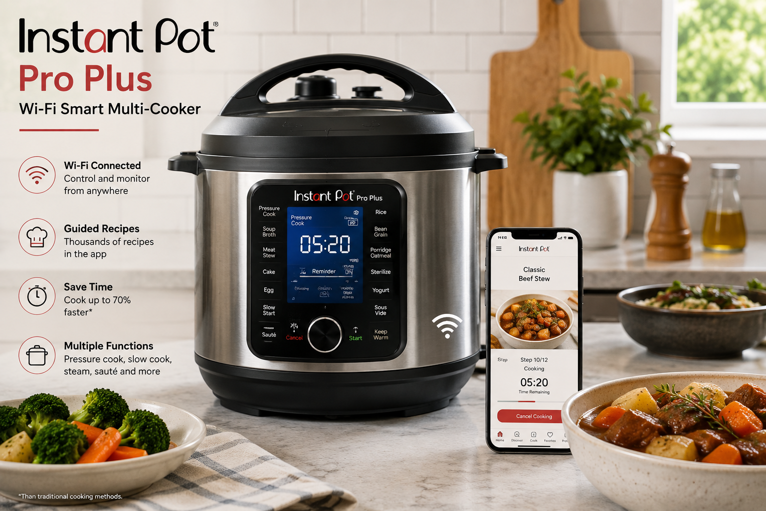Stainless steel Instant Pot Pro Plus on kitchen counter with smartphone app controlling classic beef stew.