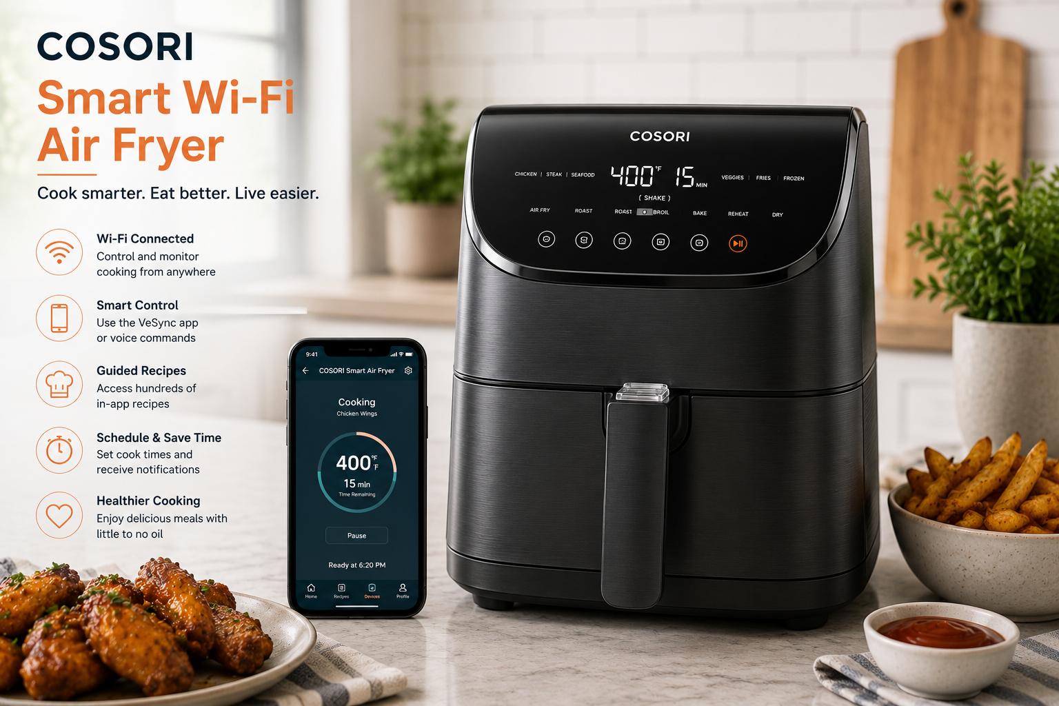 Black Cosori smart air fryer on countertop with app phone display and food bowls, promotional text on left.