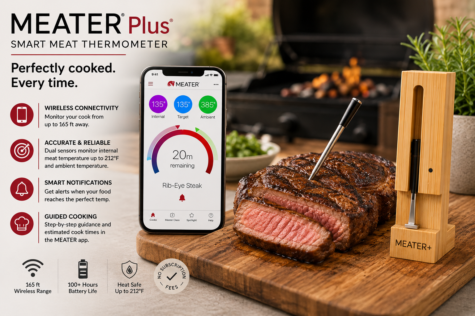 Smart meat thermometer app on phone beside grilled steak on wooden board with MEATER+ charging stand.