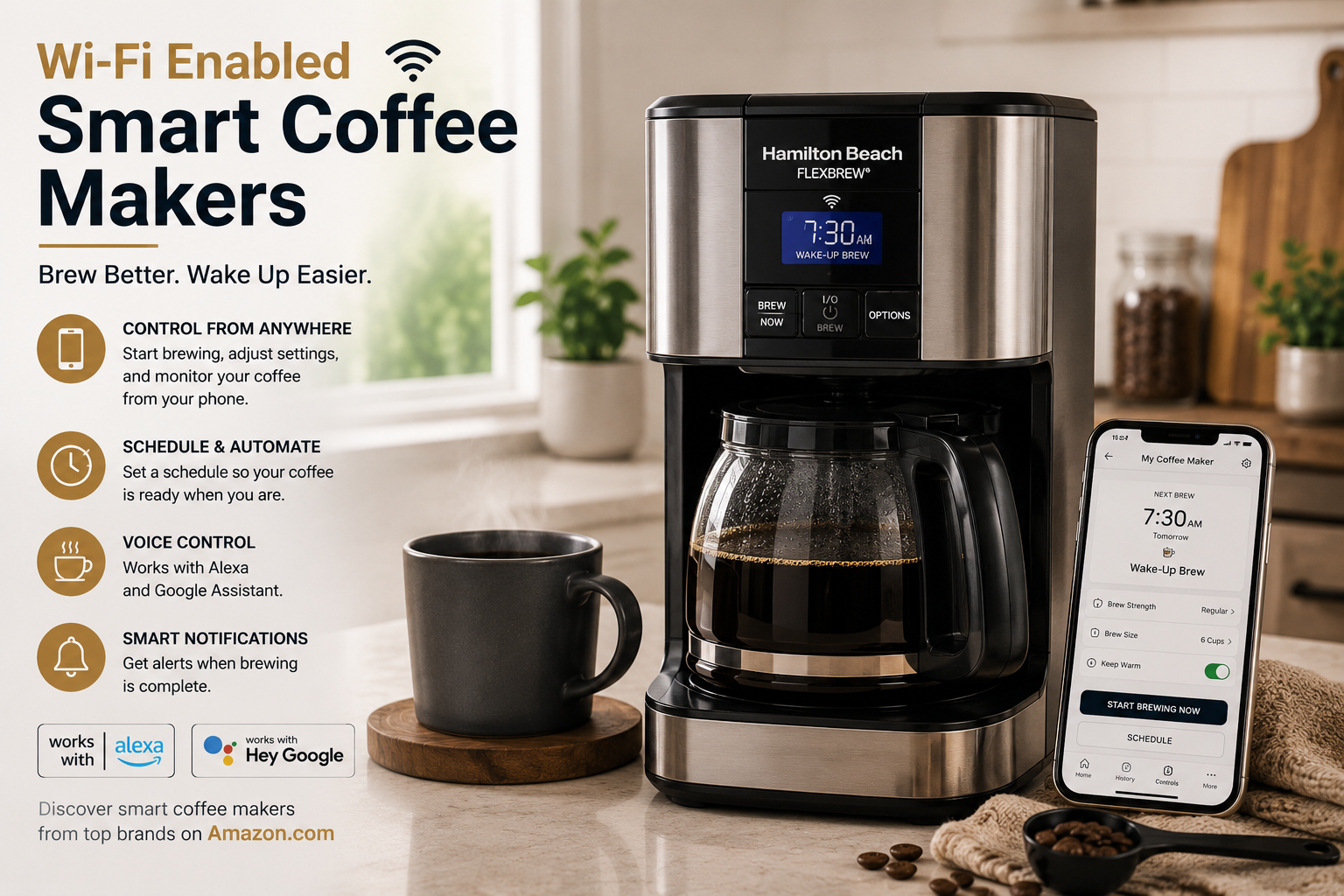 Smart coffee maker on countertop with mug and smartphone showing app controls, promotional text on left.