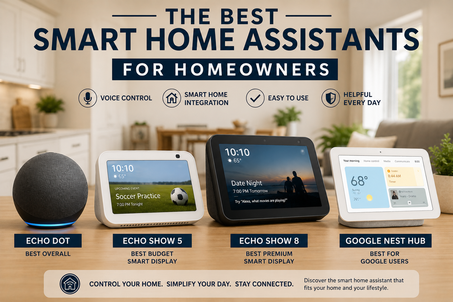 Smart home devices on a table with “The Best Smart Home Assistants” promotional text and icons.